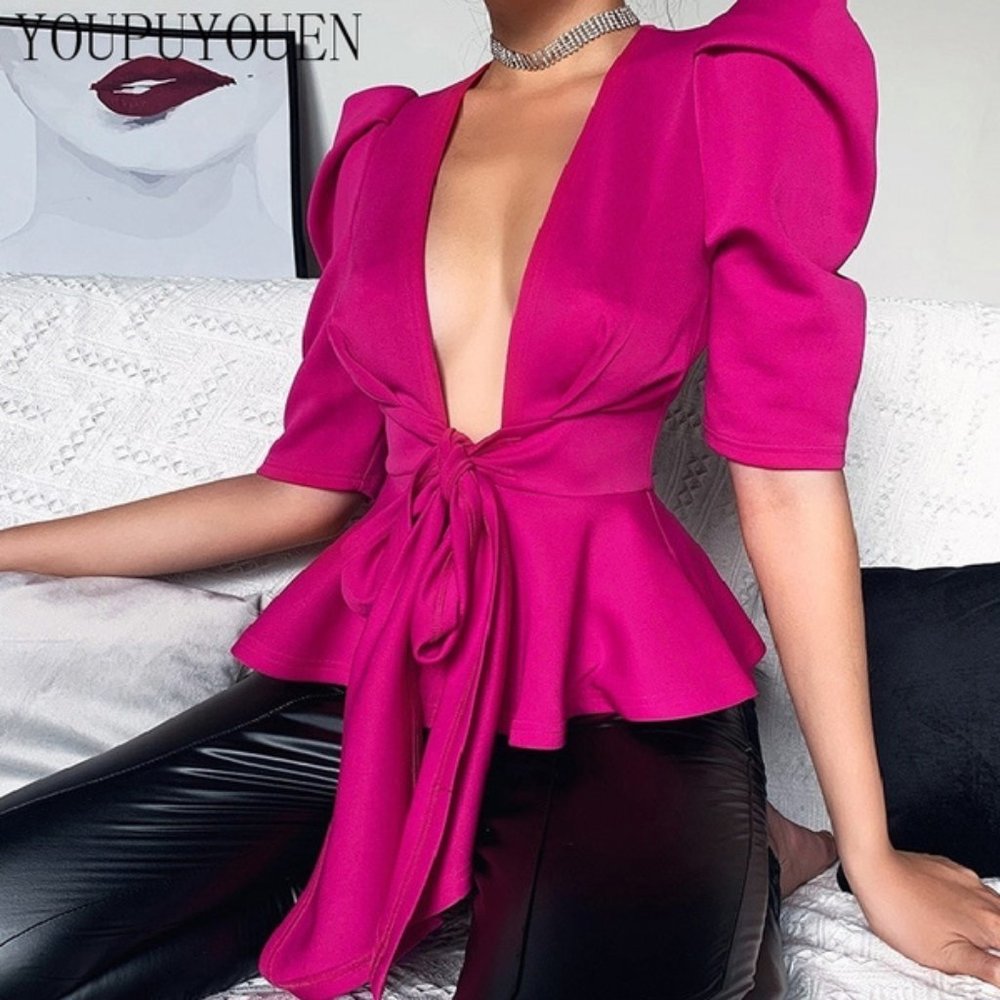 Peplum Half Sleeve Open Front Bow Tie Top